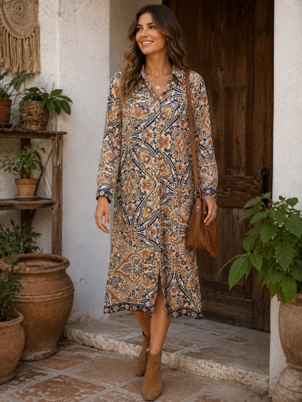 New Chico's 8-10 button down shirt dress/long line tunic side slits midi boho